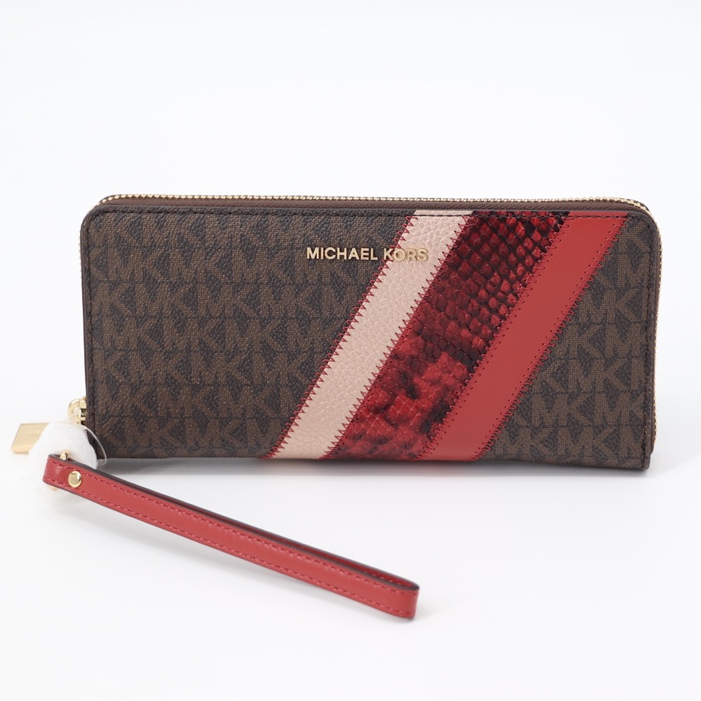 New Michael Kors Jet Set Zip Around Continental MK Logo Leather Wristlet Wallet